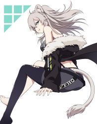 Rule 34 | 1girl, ahoge, animal ears, back, barefoot, black jacket, black pantyhose, black shirt, breasts, closed mouth, commentary, floating hair, from behind, full body, fur-trimmed jacket, fur trim, grey eyes, grey skirt, hair between eyes, highres, hololive, invisible chair, jacket, jigoku meguri, licking lips, lion ears, lion girl, lion tail, long hair, looking at viewer, looking back, medium breasts, miniskirt, off shoulder, open clothes, open jacket, pantyhose, shirt, shishiro botan, shishiro botan (1st costume), silver hair, simple background, single leg pantyhose, sitting, skirt, sleeveless, sleeveless shirt, smirk, solo, striped, tail, tongue, tongue out, torn clothes, torn pantyhose, vertical stripes, virtual youtuber, white background
