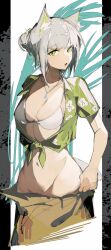Rule 34 | 1girl, animal ears, arknights, bikini, breasts, cat ears, cat girl, green eyes, green shirt, grey hair, groin, highres, kal&#039;tsit (arknights), looking at viewer, open clothes, open mouth, open shirt, shirt, small breasts, solo, swimsuit, tabayashi, tied shirt, undressing, white bikini