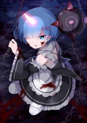 Rule 34 | 10s, 1girl, black dress, blood, blood on face, blood splatter, blunt bangs, chain, detached sleeves, dress, flail, hair ornament, hair over one eye, highres, holding, holding weapon, horns, looking at viewer, maid, morning star, oni horns, pantyhose, parted lips, re:zero kara hajimeru isekai seikatsu, rem (re:zero), rok (rok69rock), short hair, single horn, solo, weapon, white pantyhose, x hair ornament