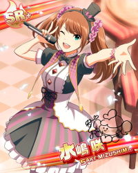 Rule 34 | 10s, 1boy, brown hair, card (medium), character name, crossdressing, dress, hat, idolmaster, idolmaster side-m, jpeg artifacts, long hair, male focus, microphone, mini hat, mini top hat, mizushima saki, official art, open mouth, smile, solo, top hat, trap, twintails, v