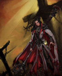 Rule 34 | 1girl, absurdres, armor, axe, battle axe, black hair, blood, blood on clothes, blue eyes, cross, dungeon and fighter, female priest (dungeon and fighter), highres, inquisitor (dungeon and fighter), skull, weapon