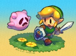 Rule 34 | 1boy, blonde hair, dated, ghost, gradient background, holding, holding sword, holding weapon, hylian shield, link, male focus, nintendo, pointy ears, shield, skyloop19, sword, the legend of zelda, the legend of zelda: link&#039;s awakening, tunic, weapon