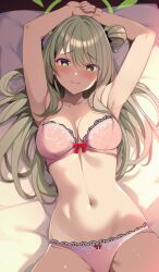 Rule 34 | 1girl, absurdres, arms up, bed, blue archive, bra, breasts, cleavage, from above, green eyes, hair bun, halo, highres, lace, lace-trimmed bra, lace-trimmed panties, lace trim, large breasts, lingerie, long hair, looking at viewer, lying, nonomi (blue archive), on back, on bed, origami aya, panties, pink bra, pink panties, single hair bun, single side bun, swept bangs, underwear, underwear only