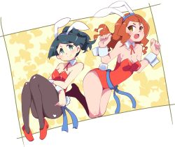 Rule 34 | 2girls, animal ears, aqua eyes, barbara parker, bare shoulders, black hair, blush, breasts, brown hair, rabbit ears, rabbit tail, cleavage, detached collar, fake animal ears, hands up, hannah england, hys-d, knees up, leotard, little witch academia, long hair, medium breasts, multiple girls, open mouth, pantyhose, playboy bunny, ponytail, red footwear, red leotard, shoes, smile, strapless, strapless leotard, tail, thighs, wrist cuffs, yellow eyes
