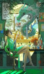 Rule 34 | 6+girls, alcohol, animal, anklet, architecture, bamboo leaf, black hair, blue eyes, blue gemstone, breasts, cake, cherry, china dress, chinese clothes, closed mouth, crossed legs, cup, day, dragon, dragon tail, dress, drink, drinking glass, earrings, east asian architecture, eastern dragon, faceless, faceless female, food, fruit, gem, glass bottle, green dress, green theme, hair ornament, hair rings, hand up, high heels, holding, holding cup, indoors, jewelry, lantern, leaf, liquid, long hair, long sleeves, looking at viewer, looking to the side, lotus pod, low ponytail, magic iris, medium breasts, multiple earrings, multiple girls, octopus, original, paper lantern, ponytail, poster (object), queue, railing, red lips, ring, round window, shadow, sitting, solo focus, stiletto heels, table, tail, through window, tile floor, tiles, updo, very long hair, wide sleeves, window, x hair ornament