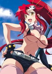 Rule 34 | 00s, 1girl, blush, breasts, cloud, covered erect nipples, female focus, fingerless gloves, gloves, hand on own hip, hip focus, large breasts, long hair, midriff, navel, nipple slip, nipples, open mouth, outdoors, ponytail, red hair, scarf, short shorts, shorts, sky, solo, tengen toppa gurren lagann, thighhighs, third-party edit, yellow eyes, yoko littner