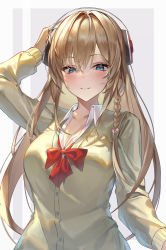 Rule 34 | 1girl, absurdres, azur lane, blonde hair, blue eyes, blush, bow, bowtie, breasts, closed mouth, collarbone, collared shirt, grey background, hand on own head, headphones, highres, kabi (zcwd8845), kongou (azur lane), kongou (breezy commute) (azur lane), large breasts, long hair, long sleeves, looking at viewer, official alternate costume, red bow, red bowtie, shirt, simple background, smile, solo, uniform, upper body