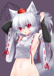 Rule 34 | 1girl, animal ears, blush, bottomless, breasts, bridal gauntlets, detached sleeves, groin, hat, inubashiri momiji, looking at viewer, navel, no bra, open mouth, out-of-frame censoring, red eyes, shameimaru aya, short hair, silver hair, small breasts, solo, tail, thumbs up, tokin hat, touhou, wolf ears, wolflong
