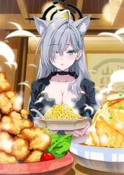 Rule 34 | 1girl, animal ear fluff, animal ears, aqua eyes, black choker, blue archive, blush, breasts, choker, cleavage, collarbone, commentary request, cross, cross hair ornament, eyes visible through hair, food, fried rice, grey hair, hair ornament, hair over one eye, halo, highres, holding, indoors, inverted cross, kojima saya, large breasts, long hair, looking at viewer, parted lips, shiroko (blue archive), shiroko terror (blue archive), solo