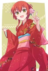 Rule 34 | 1girl, :d, bocchi the rock!, e20, floral print, flower, green background, green eyes, hair between eyes, hair flower, hair ornament, happy new year, highres, japanese clothes, kimono, kita ikuyo, long hair, long sleeves, looking at viewer, new year, obi, open mouth, outside border, pinching sleeves, pink flower, print kimono, red hair, red kimono, sash, sidelocks, sleeves past wrists, smile, solo, wide sleeves
