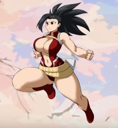 Rule 34 | 1girl, asymmetrical hair, bare arms, bare shoulders, belt, big hair, black eyes, black hair, boku no hero academia, boots, breasts, cherry blossoms, cleavage, closed mouth, forehead, full body, highres, kyelyn, large breasts, legs, matching hair/eyes, navel, ponytail, sky, solo, yaoyorozu momo