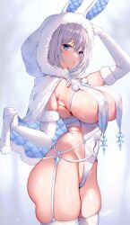 Rule 34 | 1girl, arm up, artist name, ass, blue eyes, blush, breast curtains, breasts, commentary, covered navel, elbow gloves, english commentary, from side, fur trim, gloves, grey hair, highleg, highleg leotard, highres, hood, hood up, large breasts, leotard, looking at viewer, mataro (matarou), medium hair, original, parted lips, skindentation, solo, thick thighs, thighhighs, thighs, white gloves, white leotard, white thighhighs