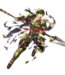 Rule 34 | 1boy, abel (fire emblem), armor, fingerless gloves, fire emblem, fire emblem: mystery of the emblem, fire emblem heroes, full body, gloves, green armor, green eyes, green hair, highres, injury, male focus, nintendo, official art, open mouth, polearm, solo, spear, teeth, torn clothes, transparent background, weapon