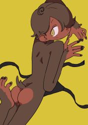 Rule 34 | 1girl, absurdres, ass, black nails, brown eyes, feet, female focus, fur, hair over one eye, highres, looking at viewer, looking back, lying, monkey girl, monster girl, nail polish, nude, on stomach, original, semi kon, short hair, simple background, solo, tail, yellow background