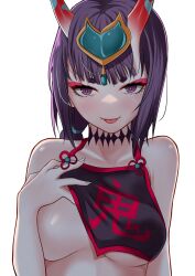 Rule 34 | 1girl, absurdres, bare shoulders, breasts, chinese clothes, collarbone, dudou, eyeliner, fate/grand order, fate (series), forehead jewel, highres, horns, looking at viewer, low twintails, makeup, medium breasts, one breast out, oni, purple eyes, purple hair, short hair, short twintails, shuten douji (fate), shuten douji (fate/grand order), shuten douji (halloween caster) (fate), skin-covered horns, smile, solo, tomotomow00w, tongue, tongue out, twintails