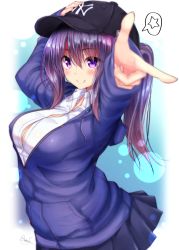 Rule 34 | 1girl, arms up, baseball cap, black hat, black skirt, blush, breasts, cleavage, closed mouth, collared shirt, fingernails, hair between eyes, hand on headwear, hat, jacket, large breasts, long hair, long sleeves, mokufuu, nail polish, new york yankees, open clothes, open jacket, original, outstretched arm, pink nails, pleated skirt, purple eyes, purple hair, purple jacket, shirt, signature, skirt, sleeves past wrists, smile, solo, spoken star, star (symbol), twintails, white shirt