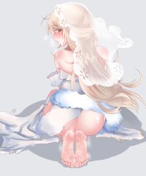 Rule 34 | 1girl, alternate hairstyle, ass, bare shoulders, barefoot, blonde hair, blue eyes, blue shawl, blush, braid, bridal veil, butt crack, cum, cum on body, cum on feet, cum on lower body, damaged, dress, eyes visible through hair, feet, feet together, g36 (girls&#039; frontline), g36 (pure white cornflower) (girls&#039; frontline), girls&#039; frontline, grey background, heart, heart-shaped pupils, heavy breathing, highres, imcey, long hair, looking back, official alternate costume, open mouth, seiza, shawl, shiny skin, simple background, sitting, soles, solo, symbol-shaped pupils, toes, torn clothes, veil, very long hair, wedding dress, wenzheng147