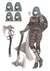 Rule 34 | 1girl, absurdres, armor, armored boots, armored gloves, axe, belt, belt buckle, bird, bird request, boots, breasts, buckle, cape, character sheet, closed mouth, expressions, full body, greaves, green eyes, green hair, highres, holding, holding weapon, jun (navigavi), leather, leather pants, looking at viewer, medium breasts, multiple views, original, pants, pauldrons, shoulder armor, simple background, smile, standing, strap, studded belt, vambraces, weapon, white background, white cape