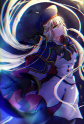 Rule 34 | 1girl, ahoge, artoria caster (fate), artoria caster (second ascension) (fate), artoria pendragon (fate), black gloves, black jacket, black pantyhose, blonde hair, blue cape, blue hat, bow, buttons, cape, chromatic aberration, commentary request, dark background, double-breasted, dress, fate/grand order, fate (series), feathers, from below, from side, gloves, green eyes, hat, highres, jacket, light smile, long hair, long sleeves, pantyhose, ribbon, ringozuki, solo, aesc (fate), very long hair, white jacket