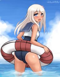 Rule 34 | 10s, 1girl, :d, ass, blonde hair, blue eyes, crop top, don (29219), flower, from behind, hair flower, hair ornament, kantai collection, lifebuoy, long hair, looking back, open mouth, ro-500 (kancolle), sailor collar, school swimsuit, smile, swim ring, swimsuit, swimsuit under clothes, tan, tanline, wading, water