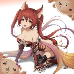 Rule 34 | 1girl, all fours, animal ears, arched back, armor, bare back, bare shoulders, bikini armor, breasts, cerberus (shingeki no bahamut), choker, cleavage, collarbone, dog ears, fang, full body, granblue fantasy, head tilt, highres, long hair, looking at viewer, medium breasts, open mouth, panties, puppet, red armor, red eyes, red hair, red panties, shadowverse, shingeki no bahamut, shiny skin, smile, solo, stuffed animal, stuffed toy, thighhighs, twintails, underwear, vambraces, very long hair, yuki7128