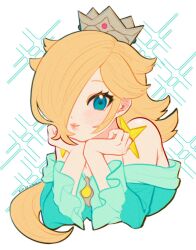 Rule 34 | 1girl, bare shoulders, blonde hair, blue eyes, closed mouth, cropped torso, crown, dated, dress, earrings, eyelashes, hair over one eye, head on hand, head rest, highres, jewelry, long bangs, long hair, long sleeves, looking at viewer, mario (series), nintendo, nonana (galaxycat89p13), off-shoulder dress, off shoulder, pink nails, rosalina, smile, solo, star (symbol), star earrings, super mario galaxy, upper body