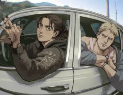 Rule 34 | 2boys, absurdres, black hair, black jacket, black nails, blonde hair, closed mouth, day, eren yeager, grey jacket, hand tattoo, highres, jacket, jewelry, looking at another, male focus, multiple boys, muscular, muscular male, open clothes, open jacket, outdoors, pink tank top, reiner braun, ring, shingeki no kyojin, short hair, sky, smile, tank top, tattoo, thisuserisalive, watch, wristwatch