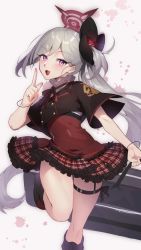 Rule 34 | 1girl, :d, black flower, black shirt, blue archive, flower, grey hair, hair ornament, hair scrunchie, halo, high-waist skirt, highres, long hair, long sleeves, looking at viewer, maitei roppa, mutsuki (blue archive), open mouth, plaid, plaid skirt, purple eyes, red skirt, scrunchie, shirt, short sleeves, side ponytail, simple background, skirt, smile, solo, thigh strap, thighs, white background