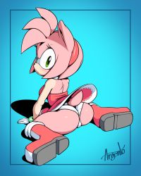 Rule 34 | 1girl, amy rose, animal nose, argento, argento (sonicboom53), artist name, ass, back, blue background, blush, boots, breasts, commentary, dress, english commentary, eyelashes, furry, furry female, gloves, green eyes, hairband, hedgehog, hedgehog ears, hedgehog tail, highres, looking at viewer, looking back, medium breasts, panties, pink hair, red dress, red footwear, red hairband, short hair, signature, simple background, solo, sonic (series), underwear, white gloves, white panties