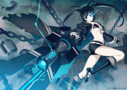 Rule 34 | 1girl, 40hara, arm cannon, bare legs, belt, belt buckle, bikini, bikini top only, black bikini, black footwear, black gloves, black hair, black rock shooter, black rock shooter (character), black rock shooter fragment, black shorts, blue eyes, boots, breasts, broken, broken chain, buckle, building, chain, choker, closed mouth, electricity, elishka (black rock shooter), flaming eye, floating hair, front-tie bikini top, front-tie top, full body, gloves, glowing, glowing eye, hair between eyes, highres, holding, holding weapon, jumping, knee boots, long hair, midriff, navel, pale skin, shoes, shorts, small breasts, solo, swimsuit, twintails, uneven twintails, weapon, white belt