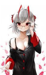 Rule 34 | 1girl, alternate costume, antennae, arknights, bare shoulders, bespectacled, black bra, black shirt, blouse, bra, breasts, cleavage, commentary, glasses, hand up, highres, horns, long sleeves, looking at viewer, nail polish, off shoulder, red eyes, red nails, shirt, short hair, silver hair, simple background, smile, solo, underwear, upper body, w (arknights), white background, wo chi xiangjiao pi