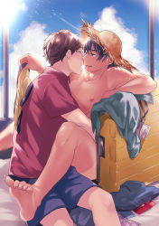 Rule 34 | 2boys, backlighting, barefoot, between legs, black hair, blue shorts, boxer briefs, brown hair, clothed male nude male, unworn clothes, collarbone, couple, eye contact, face-to-face, feet, half-closed eyes, hands up, hat, holding, holding clothes, holding underwear, hug, imminent kiss, indoors, knees up, lanyard, light particles, looking at another, male focus, male underwear, multiple boys, nipples, nude, on bed, open mouth, original, passport, pectorals, profile, red shirt, shirt, short hair, short sleeves, shorts, shorts tan, sitting, soles, spread legs, straw hat, suitcase, sunlight, tan, tanline, underwear, window, xxxxchild, yaoi