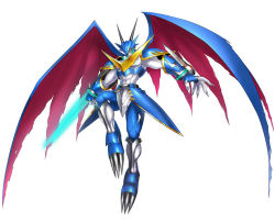 Rule 34 | abs, armor, belt, blue armor, bracelet, claws, digimon, digimon (creature), digimon story: cyber sleuth, dragon wings, energy sword, flying, gauntlets, horns, jewelry, monster, muscular, no humans, official art, red eyes, royal knights, shoulder pads, simple background, solo, sword, torn wings, ulforcev-dramon, very long fingernails, weapon, wings, yasuda suzuhito