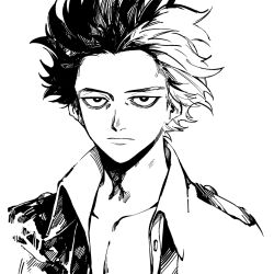 Rule 34 | 1boy, bags under eyes, black hair, boku no hero academia, engawaji, looking at viewer, male focus, multicolored hair, serious, shinsou hitoshi, solo, two-tone hair, upper body, white background, white hair