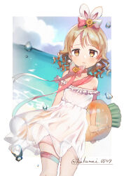 Rule 34 | 1girl, alternate costume, blush, dress, feet out of frame, highres, idolmaster, idolmaster cinderella girls, inflatable carrot, light brown hair, looking at viewer, morikubo nono, off-shoulder dress, off shoulder, see-through, see-through dress, shisui (5830217), solo, thigh strap, twitter username, white dress