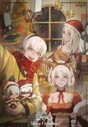Rule 34 | 1boy, 2b (nier:automata), 2girls, 9s (nier:automata), a2 (nier:automata), alternate costume, animal ears, antlers, blush, brown dress, character doll, christmas, christmas ornaments, christmas sweater, christmas tree, closed mouth, commentary, deer ears, doll, dress, english commentary, english text, fake animal ears, fake antlers, fur-trimmed headwear, fur trim, grey eyes, hair between eyes, hat, highres, holding, holding doll, horns, indoors, long hair, long sleeves, looking at viewer, merry christmas, mole, mole under mouth, multiple girls, nier:automata, nier (series), open mouth, pod (nier:automata), red dress, red headwear, red scarf, reindeer antlers, santa hat, scarf, short hair, smile, sweater, teeth, tricoliet, white hair, window