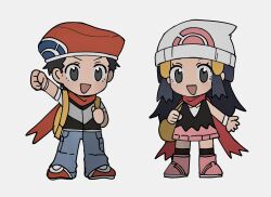 Rule 34 | 1boy, 1girl, :d, arm up, beanie, beret, black hair, black shirt, blue hair, blue pants, chibi, creatures (company), dark blue hair, dawn (pokemon), game freak, grey eyes, hair ornament, half updo, hat, highres, long hair, lucas (pokemon), miniskirt, nintendo, no nose, open mouth, pants, pink skirt, pokemon, pokemon dppt, red hat, red scarf, scarf, shichibee (stm mimi), shirt, short hair, simple background, skirt, smile, standing, white background, white hat, yellow bag