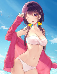 Rule 34 | 1girl, ;o, arm up, bandeau, bare shoulders, bikini, blue sky, blush, breasts, brown hair, cleavage, cloud, collarbone, commentary request, contrapposto, day, fingernails, hair between eyes, hair ornament, hair scrunchie, head tilt, horizon, jacket, long hair, long sleeves, looking at viewer, low twintails, medium breasts, navel, ocean, off shoulder, one eye closed, open mouth, original, outdoors, pink jacket, red eyes, rimo, scrunchie, sky, sleeves past wrists, solo, standing, strapless, strapless bikini, swimsuit, twintails, water, water drop, white bikini, yellow scrunchie