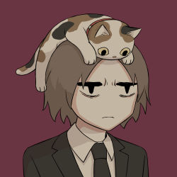 Rule 34 | 1boy, absurdres, angry, animal, animal on head, avogado6, bags under eyes, black jacket, black necktie, brown hair, calico, cat, cat on head, closed mouth, collared shirt, formal, frown, furrowed brow, highres, jacket, male focus, necktie, on head, original, portrait, red background, shirt, short hair, simple background, suit, white shirt
