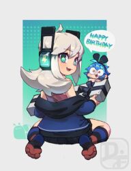 Rule 34 | 2girls, :d, bare shoulders, black skirt, blue hair, blue jacket, box, commentary, dif (difman), difman, digitan (porforever), english commentary, fang, from behind, full body, gift, gift box, green eyes, grey hair, hair between eyes, happy birthday, highres, holding, holding gift, jacket, kneehighs, long hair, long sleeves, looking at viewer, looking back, mini person, minigirl, multicolored hair, multiple girls, no shoes, off shoulder, open mouth, orange eyes, original, pleated skirt, puffy long sleeves, puffy sleeves, sitting, skirt, smile, socks, soles, star-shaped pupils, star (symbol), streaked hair, striped clothes, striped socks, symbol-shaped pupils, wariza, wide-eyed