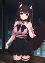 Rule 34 | 1girl, absurdres, animal ear fluff, animal ears, bare shoulders, black skirt, blurry, blurry background, blush, breasts, brown hair, brown thighhighs, building, closed mouth, collared shirt, commentary request, depth of field, dress shirt, fox ears, fox girl, fox tail, frilled skirt, frills, hair ornament, hand up, highres, hinata (user rjkt4745), indoors, jirai kei, long hair, looking at viewer, medium breasts, night, night sky, original, pink shirt, puffy short sleeves, puffy sleeves, purple eyes, shirt, short sleeves, skirt, sky, smile, solo, tail, thighhighs, two side up, very long hair, window, x hair ornament
