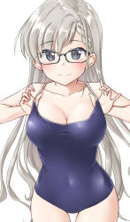Rule 34 | 1girl, adjusting clothes, adjusting swimsuit, aimobake, black-framed eyewear, blue eyes, blue one-piece swimsuit, braid, breasts, cleavage, closed mouth, covered navel, cowboy shot, earrings, glasses, grey hair, hisakawa hayate, idolmaster, idolmaster cinderella girls, jewelry, large breasts, long hair, looking at viewer, one-piece swimsuit, school swimsuit, simple background, smile, solo, standing, swimsuit, white background