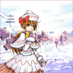 Rule 34 | 1girl, artist name, cellphone, city, dated, female focus, fur trim, hat, headgear, lily white, mantelet, mittens, phone, power lines, ribbon, scarf, signature, snow, solo, st06, touhou, watermark, white hat