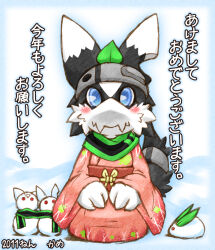 Rule 34 | 1girl, animal ears, animal hands, apple print, black fur, black scarf, blue border, blue eyes, blue outline, blush, body fur, border, character request, closed mouth, dated, fang, female focus, full body, furry, furry female, green trim, grey headband, handymonsters, headband, highres, japanese clothes, kame (3t), kimono, leaf, long sleeves, looking at viewer, notched ear, obi, outline, pink kimono, sash, scarf, seiza, simple background, sitting, skin fang, snow rabbit, snowman, solo, straight-on, tail, tail ornament, tail ring, two-tone fur, white background, white fur, wide sleeves
