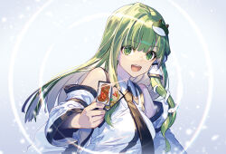 Rule 34 | 1girl, ability card (touhou), bare shoulders, card, detached sleeves, frog hair ornament, green eyes, green hair, hair ornament, hair tubes, holding, holding card, japanese clothes, kochiya sanae, long hair, looking at viewer, nontraditional miko, open mouth, smile, snake hair ornament, solo, touhou, upper body, white sleeves, wide sleeves, zounose