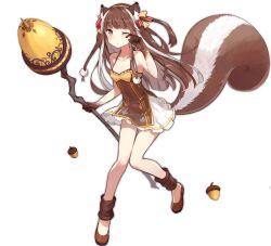 Rule 34 | 1girl, acorn, animal ear fluff, animal ears, ark order, blush, bow, breasts, brown dress, brown eyes, brown footwear, brown gloves, brown hair, closed mouth, dress, flats, full body, gloves, hair bow, hairband, holding, holding staff, leg warmers, long hair, looking at viewer, official art, ratatoskr (ark order), red bow, rubbing eyes, sidelocks, sleepy, sleeveless, sleeveless dress, small breasts, solo, squirrel ears, squirrel girl, squirrel tail, staff, tachi-e, tail, transparent background, two side up, white dress, yellow bow, yellow hairband, yue yue