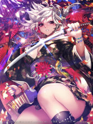 Rule 34 | 1girl, blue nails, bracelet, breasts, brown eyes, cleavage, clenched teeth, dated, furyou michi ~gang road~, highres, holding, holding sword, holding weapon, japanese clothes, jewelry, katana, kimono, leaf, maple leaf, nail polish, oil-paper umbrella, solo, sword, teeth, umbrella, weapon, white hair, xaxak