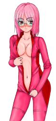Rule 34 | 1girl, glasses, highres, jumpsuit, midriff, navel, pink hair, solo, undressing