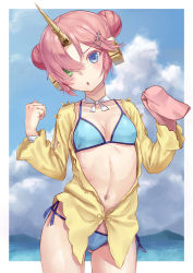 Rule 34 | 1girl, :o, bandaged arm, bandages, bikini, blue bikini, blue eyes, blue sky, breasts, chestnut mouth, contrapposto, cowboy shot, day, doonatsu., double bun, fate/grand order, fate (series), frankenstein&#039;s monster (fate), frankenstein&#039;s monster (swimsuit saber) (fate), frankenstein&#039;s monster (swimsuit saber) (first ascension) (fate), gluteal fold, green eyes, hair bun, hair ornament, hairpin, head tilt, heterochromia, highres, horns, long sleeves, looking at viewer, navel, open clothes, open shirt, outside border, pink hair, shirt, side-tie bikini bottom, single horn, sky, small breasts, solo, standing, swimsuit, yellow shirt