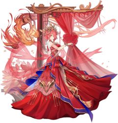 Rule 34 | 1girl, ark order, bird, bow, bracelet, breasts, curtains, detached collar, detached sleeves, double bun, dress, dress bow, fenghuang (ark order), fire, fire, full body, gem, gold trim, hair bun, hair ornament, hair rings, hair stick, highres, jewelry, large breasts, official art, phoenix, red bow, red dress, red hair, ring, sidelocks, sleeveless, sleeveless dress, solo, tachi-e, transparent background